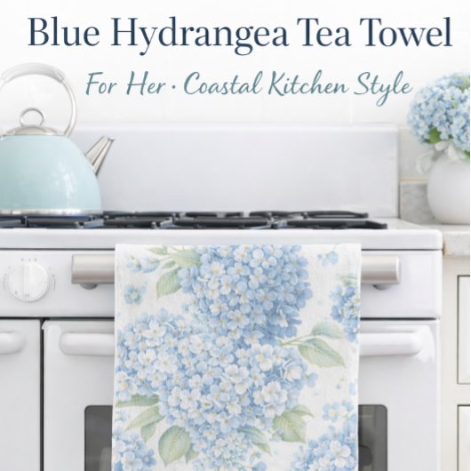 Blue Hydrangea Tea Towel Coastal Cottage Gift キッチンタオル