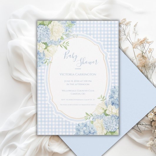 Blue Hydrangea Vintage Gingham Baby Shower  招待状