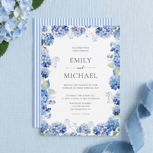 Blue Hydrangea Watercolor Coastal Wedding 招待状