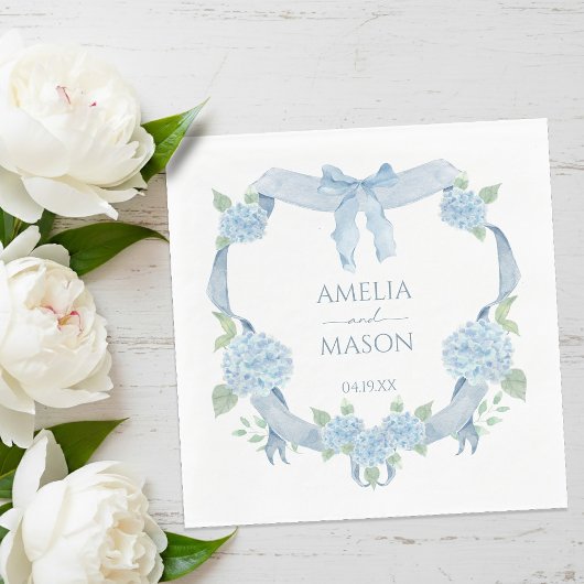 Blue Hydrangea Watercolor Crest Paper Wedding スタンダードランチョンナプキン