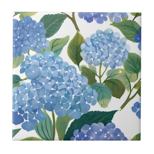 Blue Hydrangea Watercolor Floral Coastal タイル (正面)