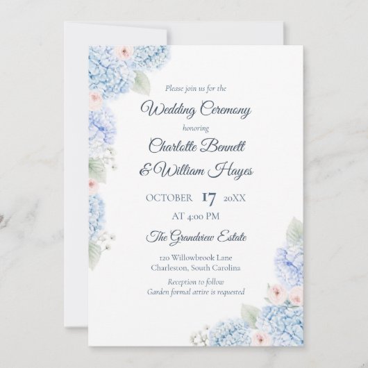 Blue Hydrangea Watercolor Floral Invitation 招待状 (正面)