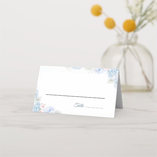 Blue Hydrangea Watercolor Floral Place Card プレイスカード (正面)