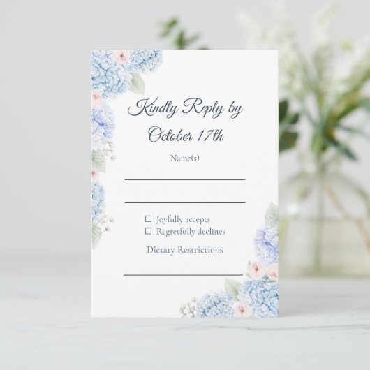 Blue Hydrangea Watercolor Floral RSVP Card (スタンド正面)