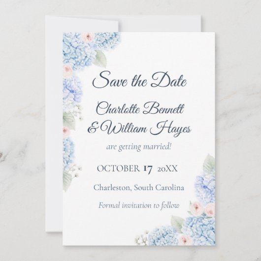 Blue Hydrangea Watercolor Floral Save the Date セーブザデート (正面)
