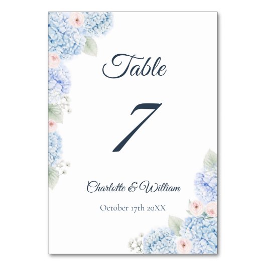 Blue Hydrangea Watercolor Floral Table Number テーブルナンバー (正面)