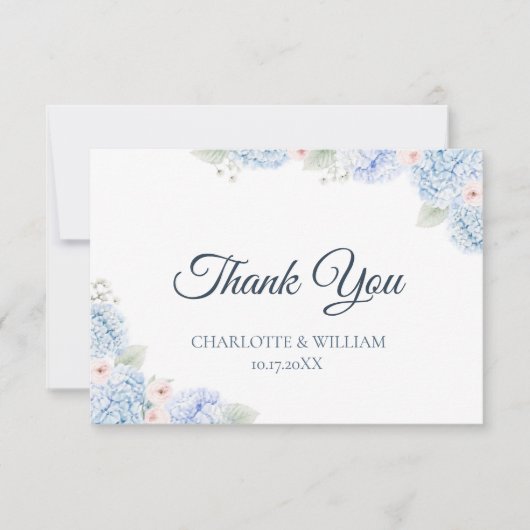 Blue Hydrangea Watercolor Floral Thank You Card サンキューカード (正面)