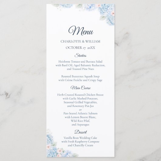 Blue Hydrangea Watercolor Floral Wedding Menu メニュー (正面)