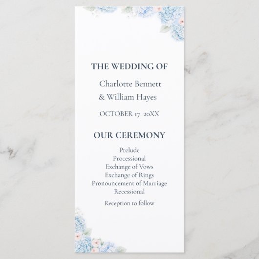 Blue Hydrangea Watercolor Floral Wedding Program プログラム (正面)