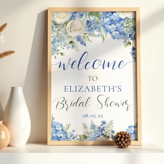 Blue Hydrangea White Roses Floral Script Welcome ポスター