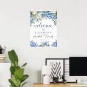 Blue Hydrangea White Roses Floral Script Welcome ポスター (ホームオフィス)