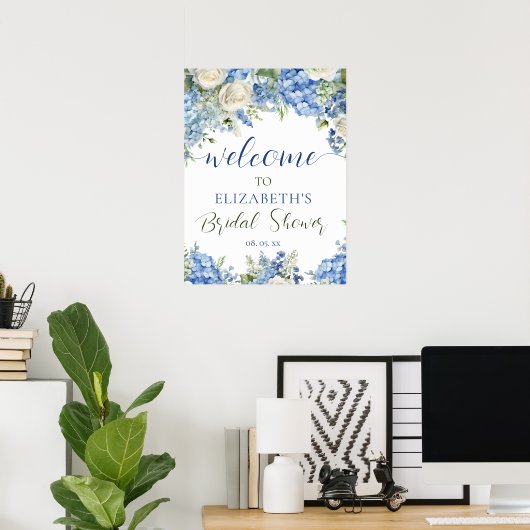 Blue Hydrangea White Roses Floral Script Welcome ポスター (ホームオフィス)