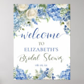 Blue Hydrangea White Roses Floral Script Welcome ポスター (正面)