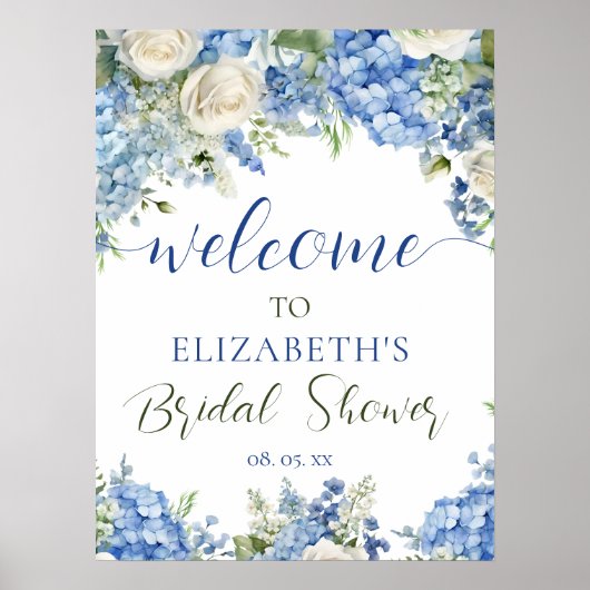 Blue Hydrangea White Roses Floral Script Welcome ポスター (正面)
