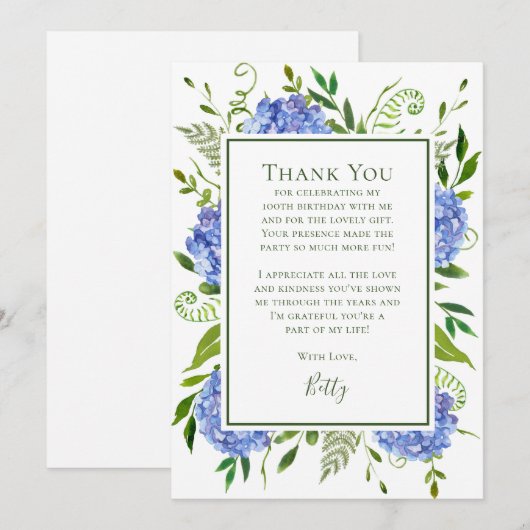 Blue Hydrangeas 100th Birthday  サンキューカード (正面/裏面)