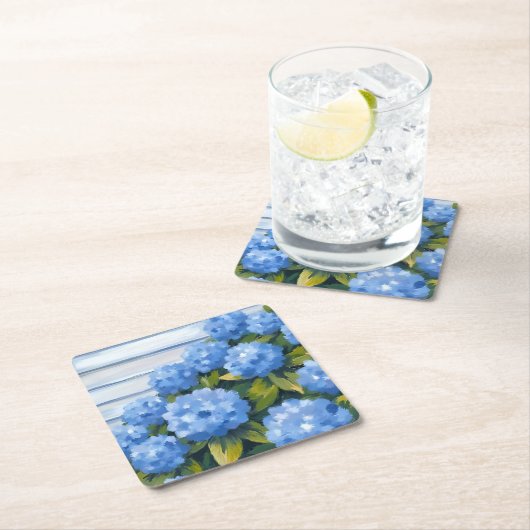 Blue Hydrangeas Bushes Floral Painting スクエアペーパーコースター (インサイチュ)