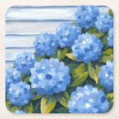Blue Hydrangeas Bushes Floral Painting スクエアペーパーコースター (正面)