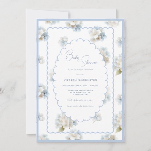 Blue Hydrangeas Elegant Baby Shower 招待状 (正面)