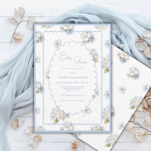 Blue Hydrangeas Elegant Baby Shower 招待状