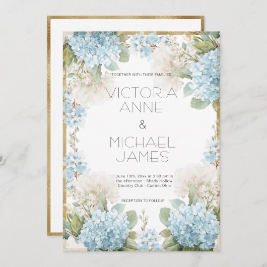 Blue Hydrangeas Elegant Wedding  招待状 (正面/裏面)
