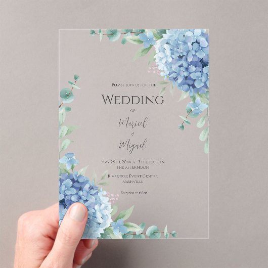 Blue Hydrangeas Floral Elegant Wedding アクリル招待状 (インサイチュ (ポータブル))