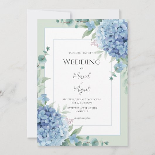 Blue Hydrangeas Floral Photo Elegant Wedding 招待状 (正面)