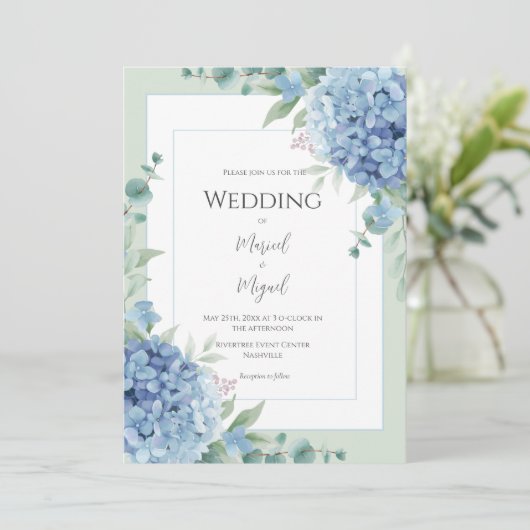 Blue Hydrangeas Floral Photo Elegant Wedding 招待状 (スタンド正面)