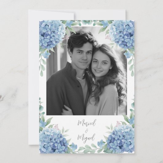 Blue Hydrangeas Floral Photo Elegant Wedding 招待状 (裏面)