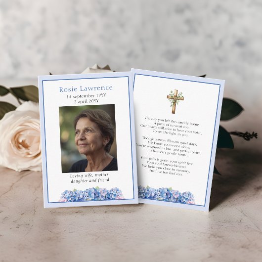 Blue Hydrangeas Flowers Memorial Poem Prayer Card 名刺
