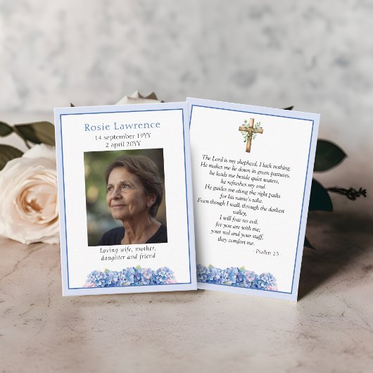Blue Hydrangeas Flowers Memorial Psalm Prayer Card 名刺