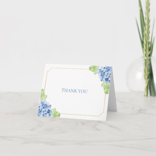 Blue Hydrangeas Gold Frame Wedding サンキューカード (正面)