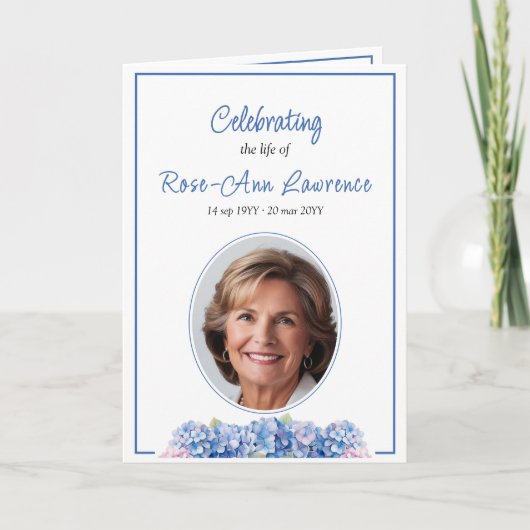 Blue Hydrangeas Summer Flowers Funeral Folded プログラム (正面)