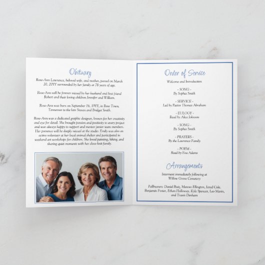 Blue Hydrangeas Summer Flowers Funeral Folded プログラム (内部)