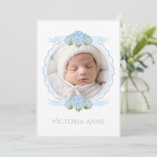 Blue Hydrangeas Vintage Birth Announcement 招待状 (スタンド正面)