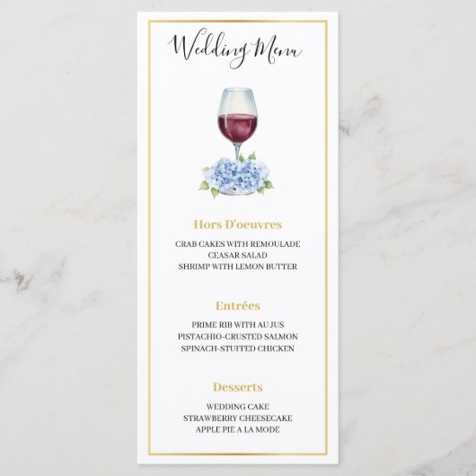 Blue Hydrangeas Wine Glass Wedding Flat Menu メニュー (正面)