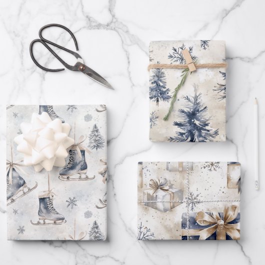 Blue Ice Skates Snowflakes Christmas Trees Gifts ラッピングペーパーシート (正面)