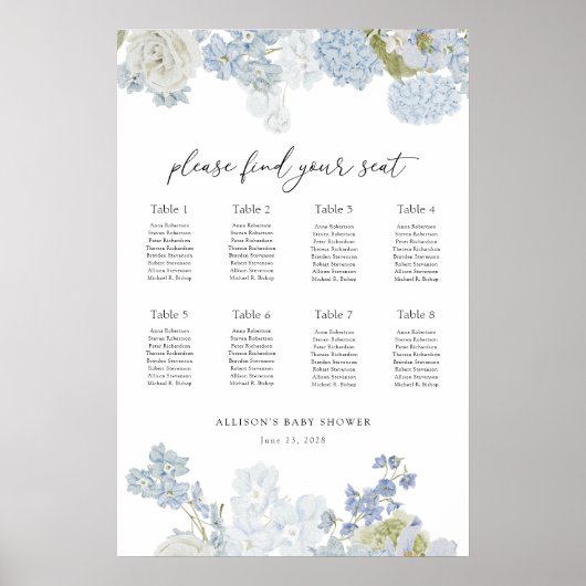 Blue In Bloom Baby Boy Shower Seating Chart ポスター (正面)
