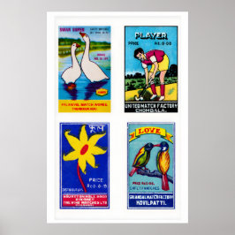 Blue Indian Matchbox Labels Grid Print, Vintage ポスター