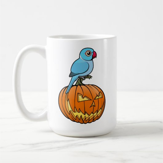 Blue Indian Ringneck on Pumpkin Halloween コーヒーマグカップ (左)