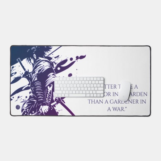 Blue Ink Samurai Warrior & Custom Quote Desk Mat デスクマット (キーボード&マウス)