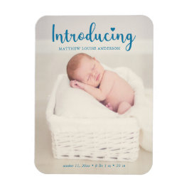 Blue Introducing男の赤ちゃんVertical モダン Script マグネット