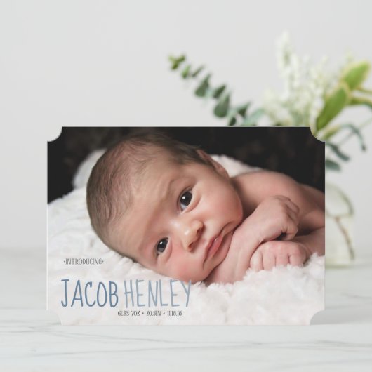 Blue Introducing Script Birth Announcement Card 案内状 (スタンド正面)