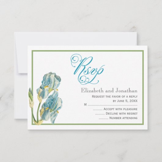 Blue Irisスクリプト結婚の返信カード 招待状 (正面)