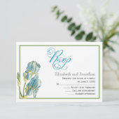 Blue Irisスクリプト結婚の返信カード 招待状 (スタンド正面)