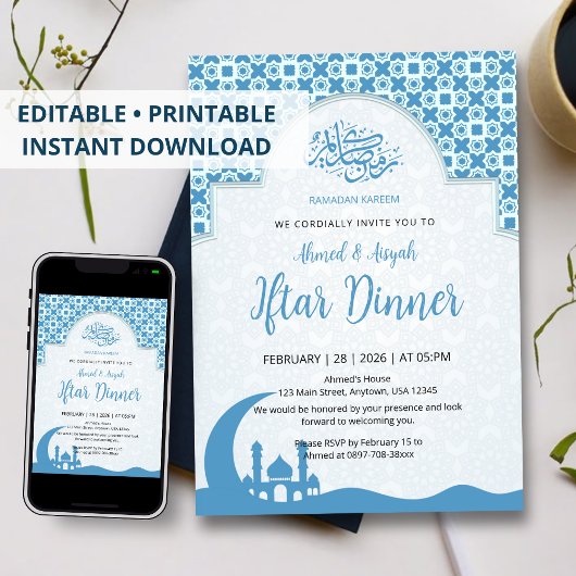 Blue Islamic Pattern Iftar Dinner Invitation 招待状