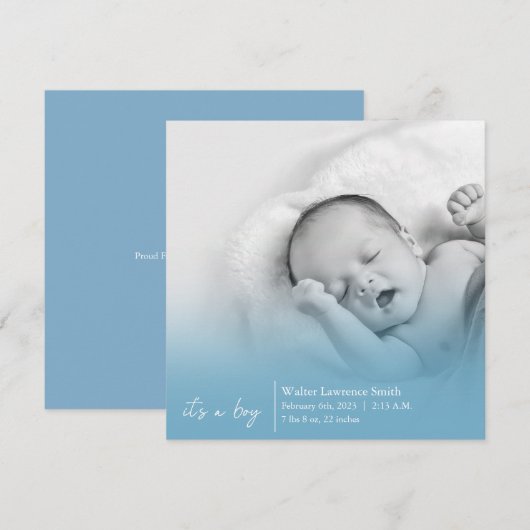 Blue It's A Boy Birth Announcement 案内状 (正面/裏面)