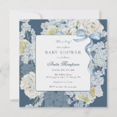 Blue It's a Boy Floral Bow Baby Shower 招待状 (正面)