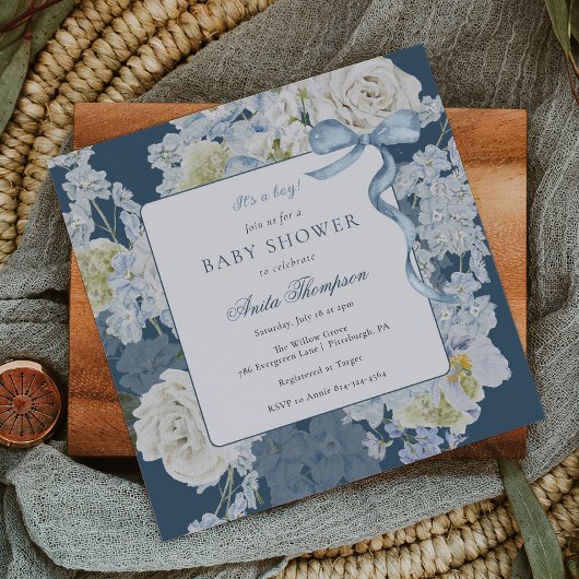 Blue It's a Boy Floral Bow Baby Shower 招待状