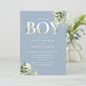 Blue Its A Boy Greenery All In One Baby Shower 招待状 (スタンド正面)