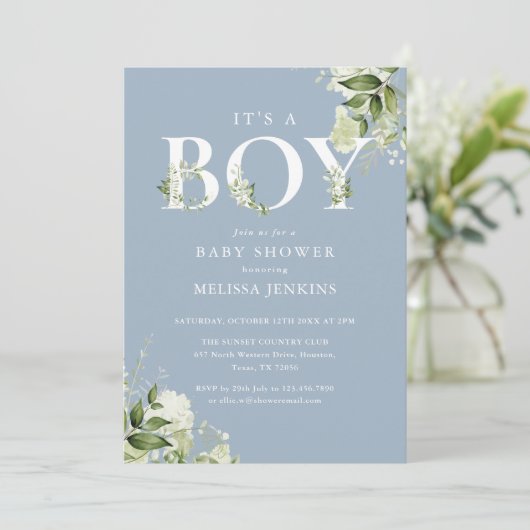Blue Its A Boy Greenery All In One Baby Shower 招待状 (スタンド正面)